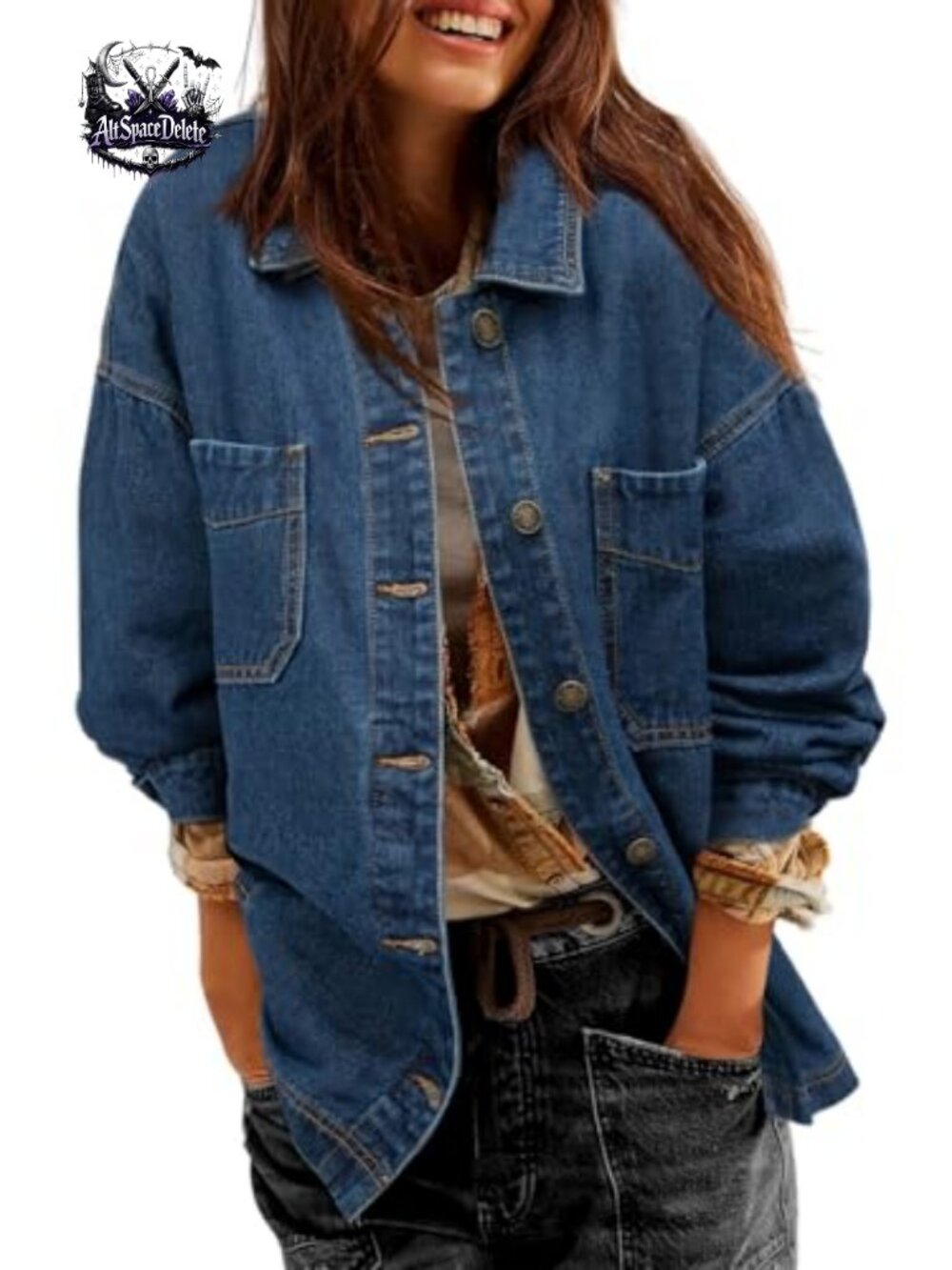 Oversized Boyfriend Denim Jacket Long Sleeve Tunic Split Hem Button Down